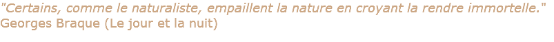 "Certains, comme le naturaliste, empaillent la nature en croyant la rendre immortelle."  Georges Braque (Le jour et la nuit) 