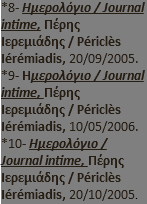 *8- Ημερολόγιο / Journal intime, Πέρης Ιερεμιάδης / Périclès Iérémiadis, 20/09/2005. *9- Ημερολόγιο / Journal intime, Πέρης Ιερεμιάδης / Périclès Iérémiadis, 10/05/2006. *10- Ημερολόγιο / Journal intime, Πέρης Ιερεμιάδης / Périclès Iérémiadis, 20/10/2005.