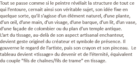 Tout se passe comme si le peintre révélait la structure de tout ce qui l’entoure, cernait ainsi son véritable sujet, son idée fixe en quelque sorte, qu’il s’agisse d’un élément naturel, d’une plante, d’un œil, d’une main, d’un visage, d’une barque, d’un lit, d’un vase, d’une façade de colombier ou du plan d’un temple antique. L’art du tissage, au-delà de son aspect artisanal enchanteur, devient geste originel du créateur et symbole de présence. Il gouverne le regard de l’artiste, puis son crayon et son pinceau. Le tableau devient «tissage» du devenir et de l’éternité, équivalent du couple "fils de chaînes/fils de trame" en tissage.